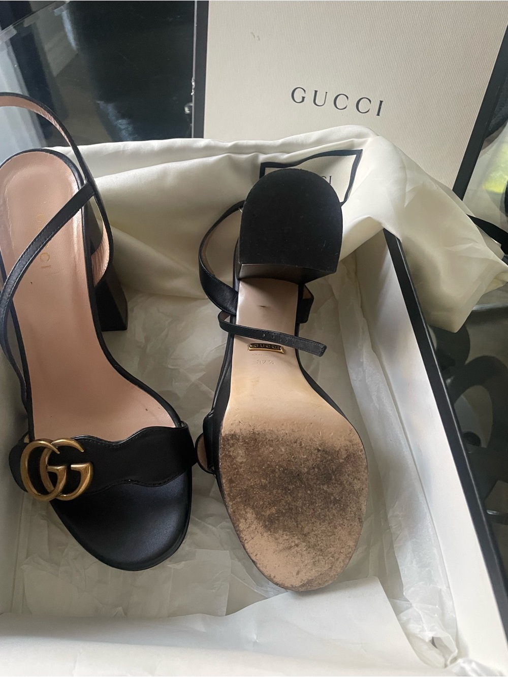 Gucci Black Leather GG Gold-Logo Slingback Heels - Picture 4 of 5